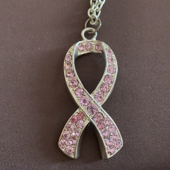 Pink Rhinestone Ribbon Necklace & Earring Set Breast Cancer Awareness Jewelry - Picture 4 of 6